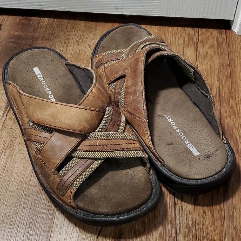 ROCKPORT Leather Crossband Sandals Slides Slide On
